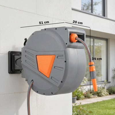 Outsunny Retractable Hose Reel Wall Mounted, 20+1.6m Garden Hose Pipe Reel with Auto Retraction, Self-Locking, Orange 