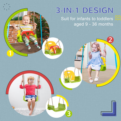 Outsunny 3 in 1 Detachable Kids Swing Seat with Safety Belt, Adjustable Rope for Indoor, Outdoor, Playground, Garden, Green 