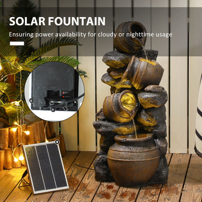 Outsunny Solar Powered Garden Water Feature with LED Lights and Pump, 4 Tier Cascading Water Fountain for Indoor/Outdoor, Jars Waterfall Ornament, 72cm Height 