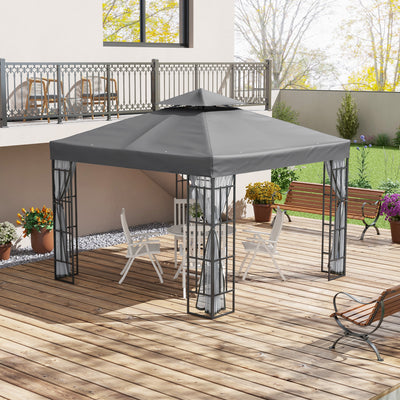 Outsunny 3 x 3(m) Patio Gazebo Canopy Garden Pavilion Tent Shelter with 2 Tier Roof and Mosquito Netting, Steel Frame, Grey 