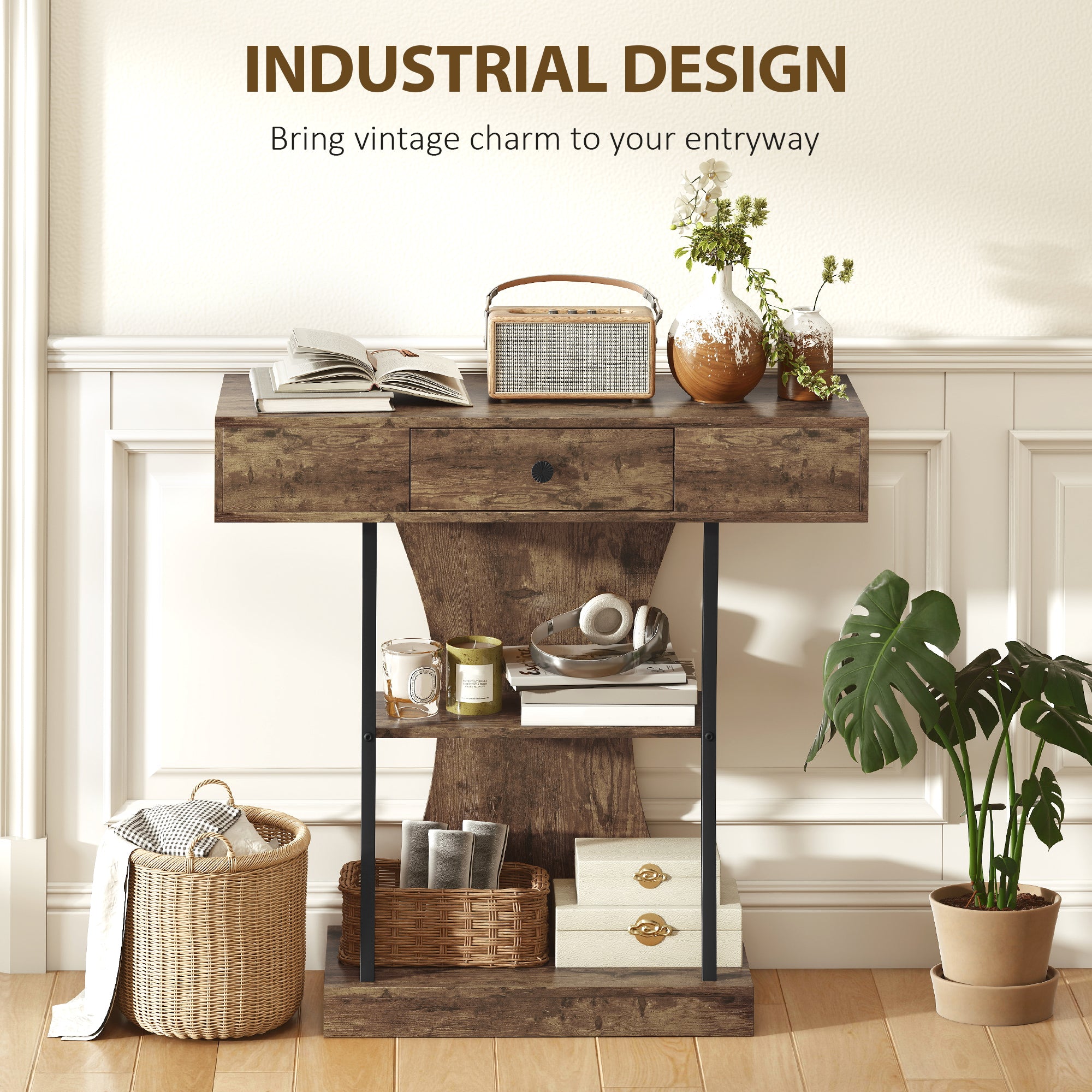 HOMCOM Console Table, 3-Tier Industrial Hallway Table with Drawer, Storage Shelves, 91 x 32 x 87 cm, Rustic Brown 
