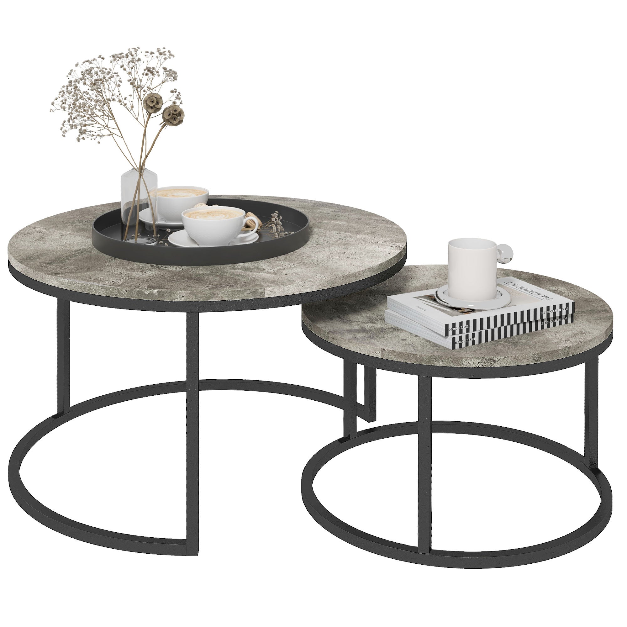 HOMCOM Set of Two Marble-Effect Stacking Tables - Grey/Black 