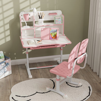 AIYAPLAY Height Adjustable Kids Desk and Chair Set, Children School Study Desk with Tiltable Desktop, Reading Rack,  Pink 
