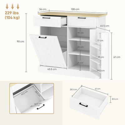 HOMCOM Sideboard with Tilt-out Trash Bin, Farmhouse Kitchen Sideboard with 2 Drawers, Adjustable Shelves, Door Racks, White 