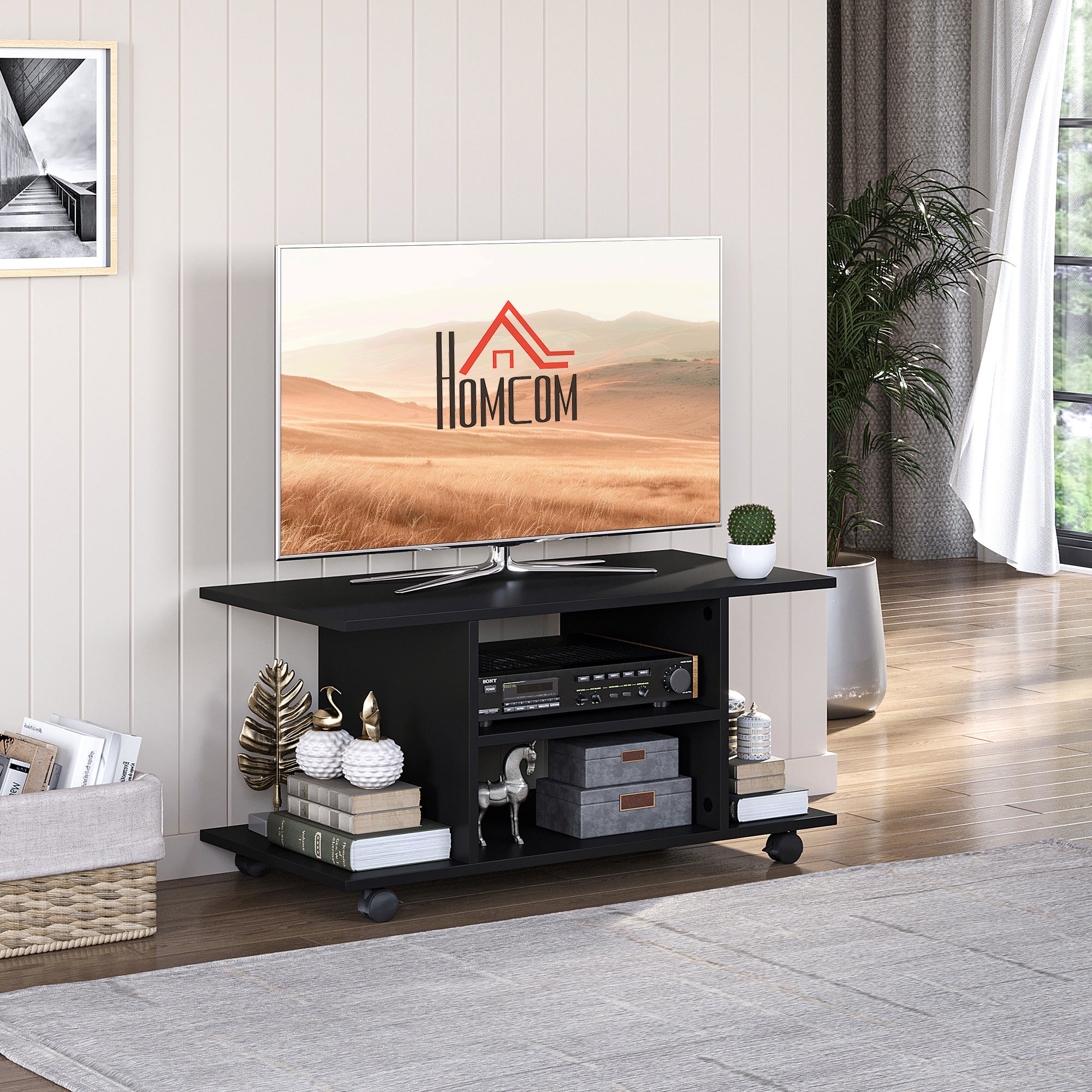 HOMCOM Modern TV Cabinet Stand Storage Shelves Table Mobile Bedroom Furniture Bookshelf Bookcase Black 
