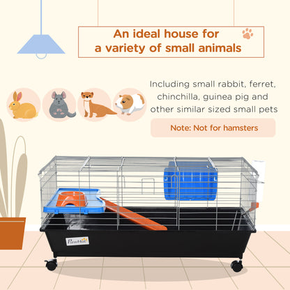 PawHut Small Animal Cage Rabbit Guinea Pigs Chinchillas Cage w/ Wheels Water Bottle Food Dish Platform Ramp 89 x 44 x 43 cm Black 