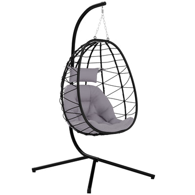 Outsunny Hanging Egg Chair Outdoor Indoor Garden Swing Chair with Folding Basket, Thickened Cushion, Garden Hanging Chair with Stand, Headrest for Patio, Balcony, Grey 