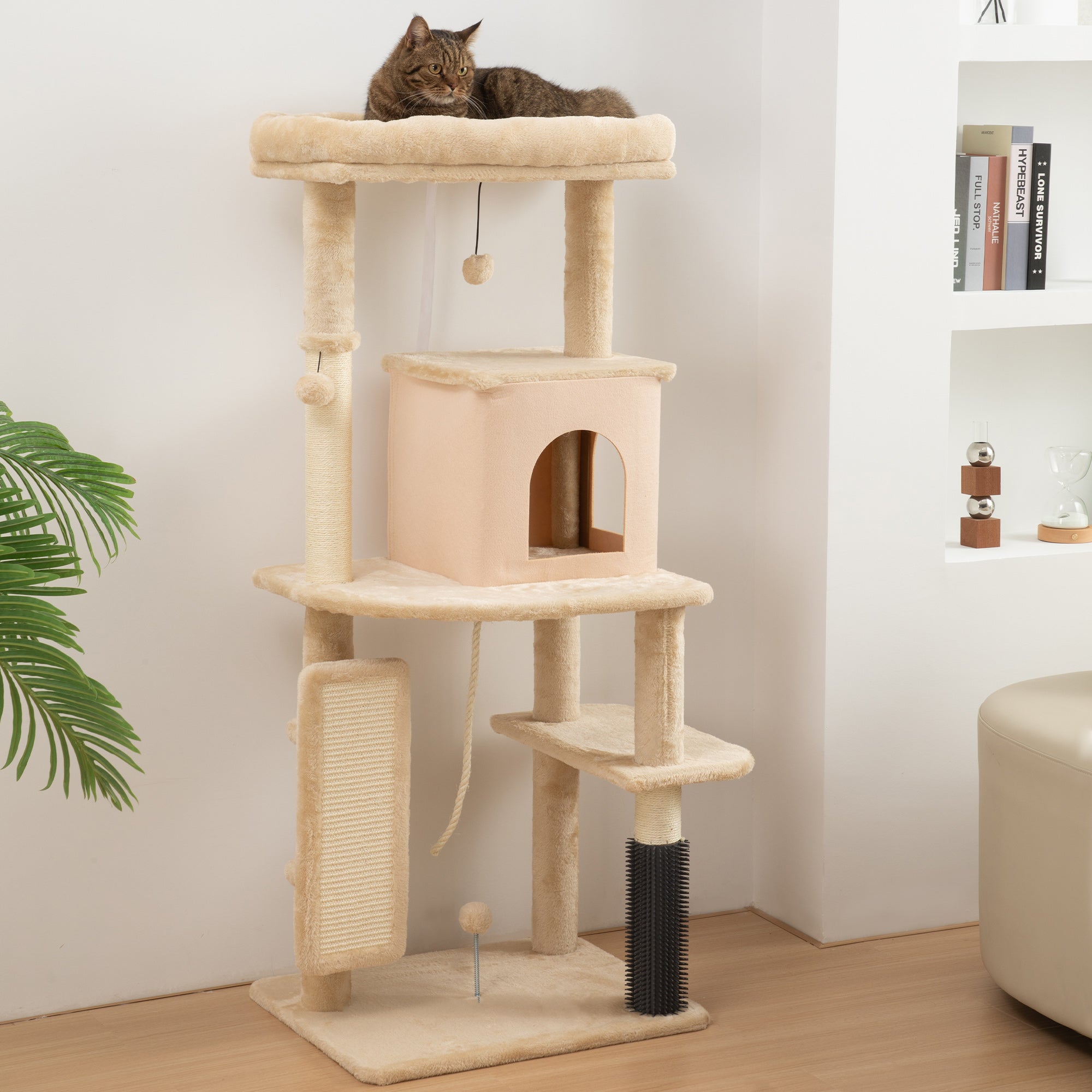 PawHut 132cm Cat Tree w/ Scratching Posts, Pad, Cat Bed, Cat House, Jumping Platform, Grooming Brush, Anti-Tip Kit, Beige 