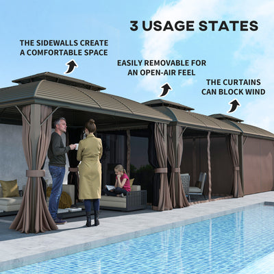 Outsunny 3.65 x 3(m) Hardtop Steel Gazebo Canopy with Aluminium Frame, Double Roof, Net Sidewalls and Curtains, Coffee 