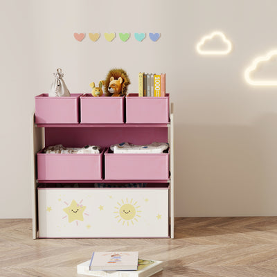 AIYAPLAY Kids Toy Storage Units, 3-Tier Toy Organiser Shelf with 6 Removable Boxes for Kids, Bedroom, Playroom, Pink 