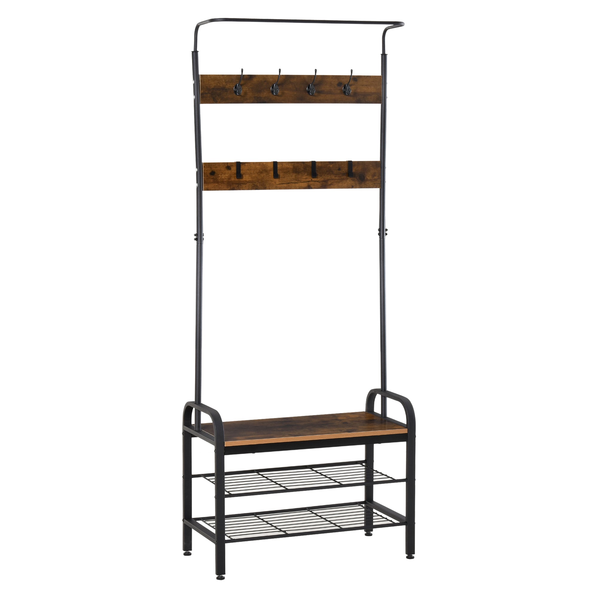 HOMCOM Coat Rack Stand Industrial hallway Shoe Rack Removable Hooks Metal Wood Hangers Storage Cabinet Rustic Brown 72L×34W×185H(cm) 