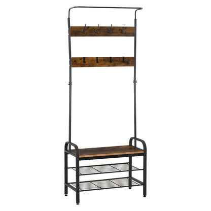 HOMCOM Coat Rack Stand Industrial hallway Shoe Rack Removable Hooks Metal Wood Hangers Storage Cabinet Rustic Brown 72L×34W×185H(cm) 