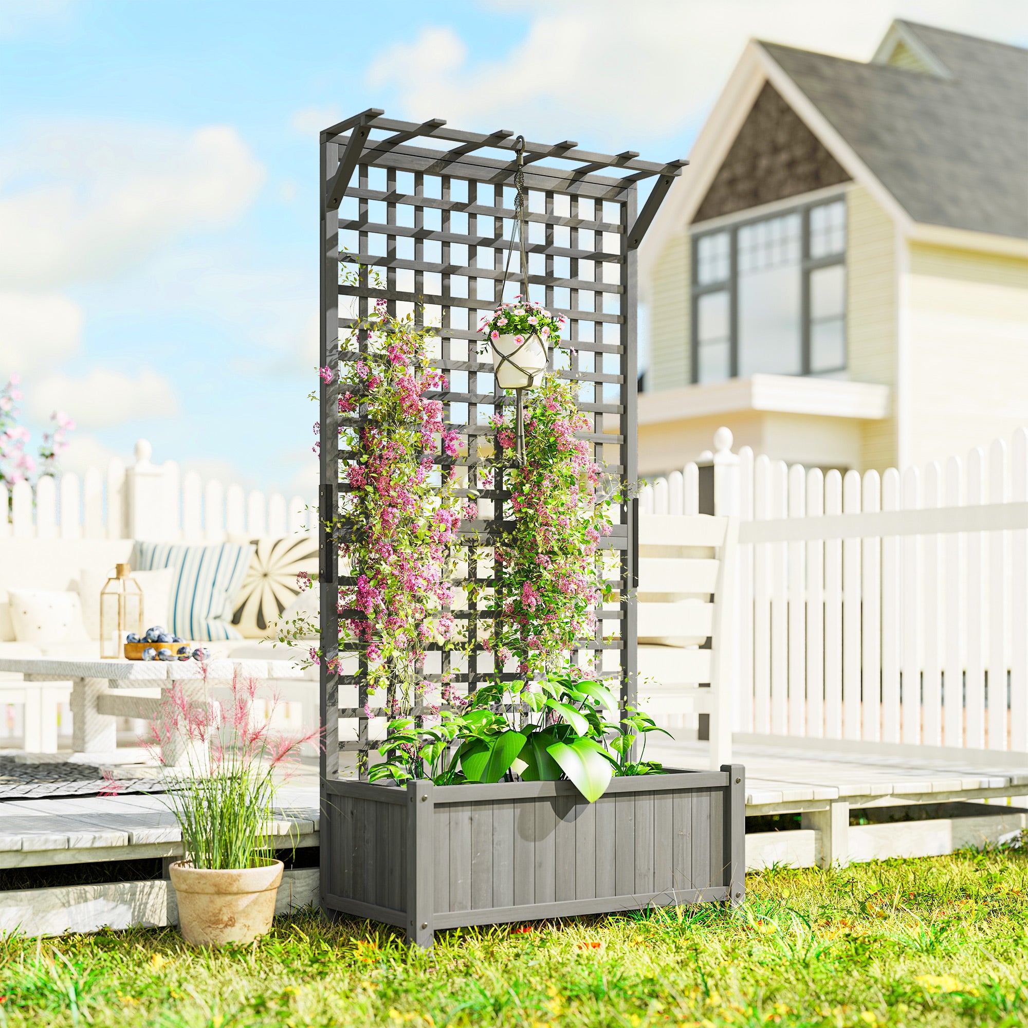 Outsunny Raised Bed with Drainage Holes, Wood Planter with Trellis for Climbing Plants, Dark Grey 