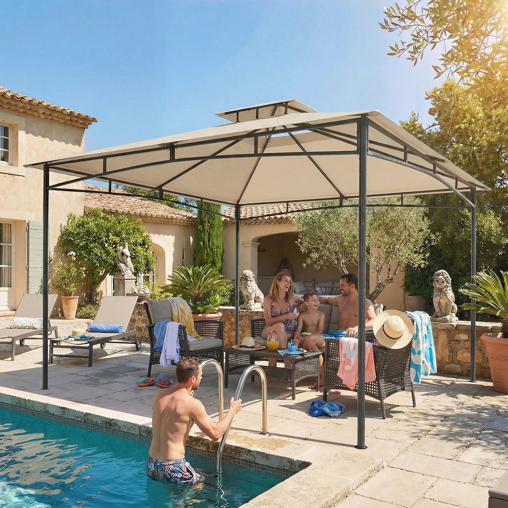 Outsunny 3 x 3 m Gazebo, Garden Gazebo with 2-Tier Roof, Metal Frame, Khaki 