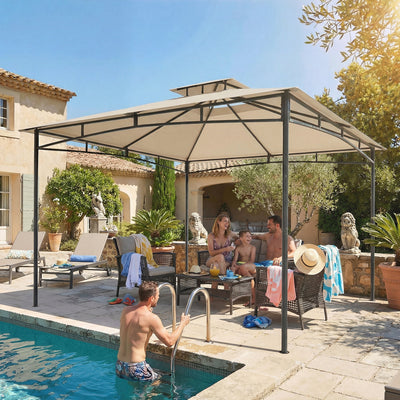 Outsunny 3 x 3 m Gazebo, Garden Gazebo with 2-Tier Roof, Metal Frame, Khaki 