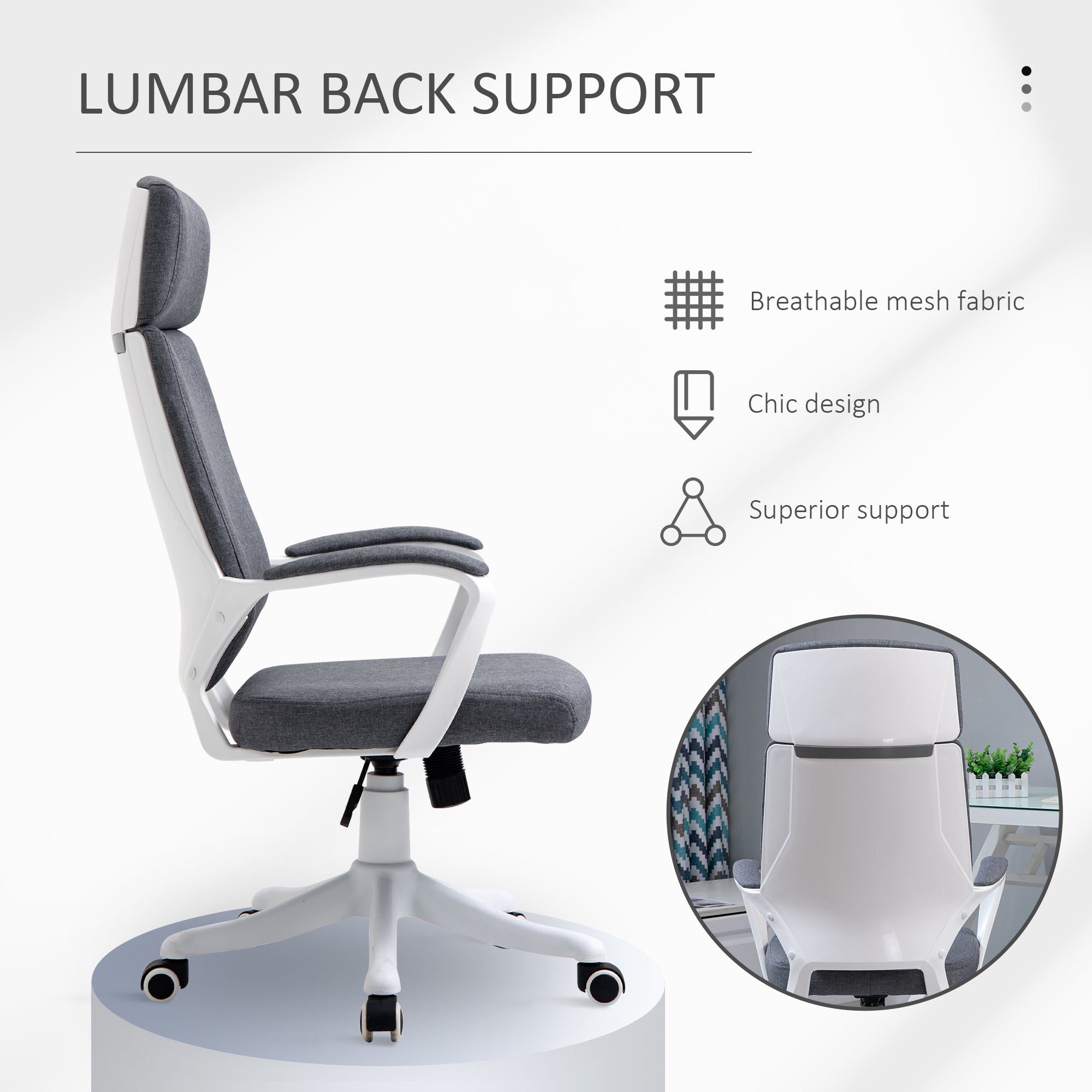 Vinsetto Office Chair, Ergonomic Desk Chair, High Back Study Chair with Headrest and Lumbar Back Support, Adjustable Height for Home and Work, Grey 
