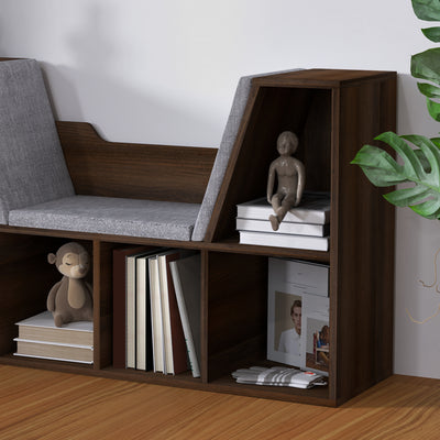 HOMCOM Bookcase Storage Shelf with Cushioned Reading Seat, Cube Bookshelf Organizer for Bedroom Living Room, Chestnut 