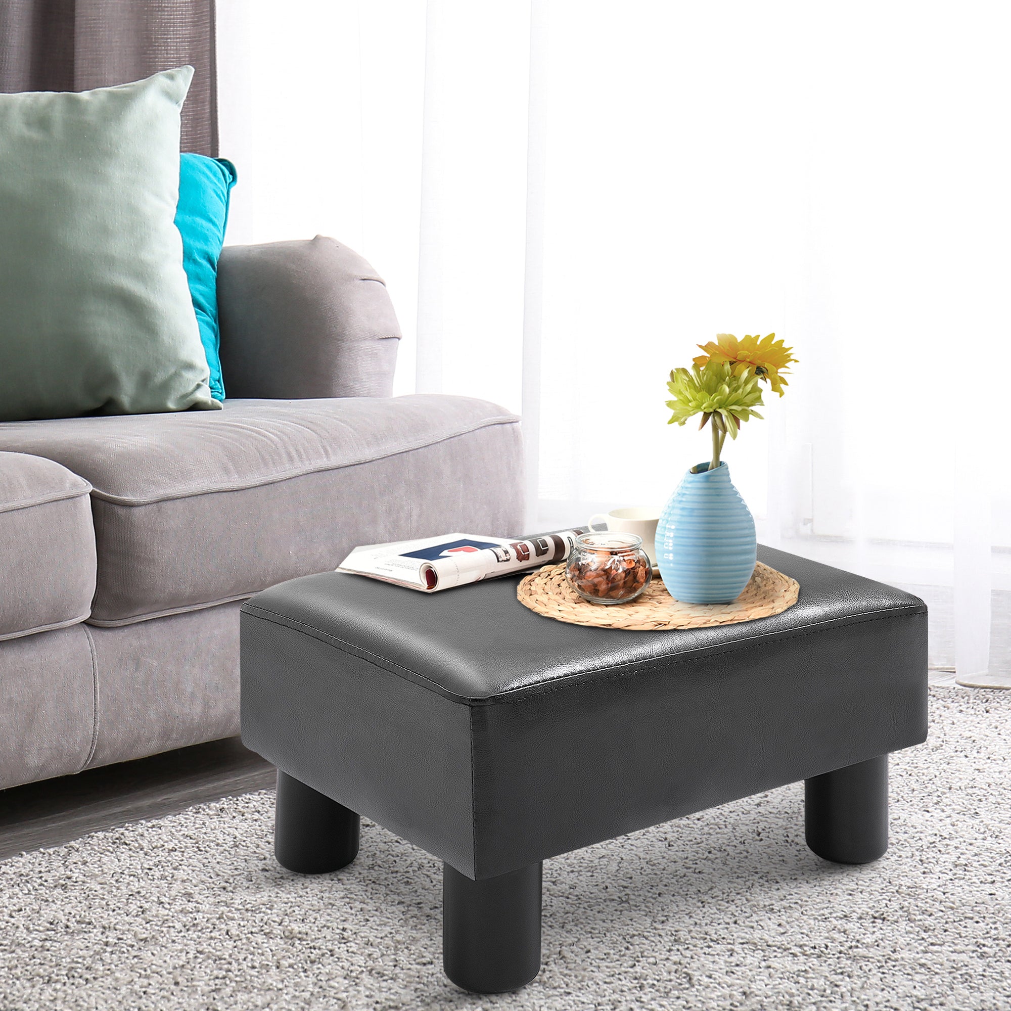 HOMCOM Faux Leather Footstool, Small Foot Rest, Rectangle Sofa Stool for Bedroom Living Room, Black 
