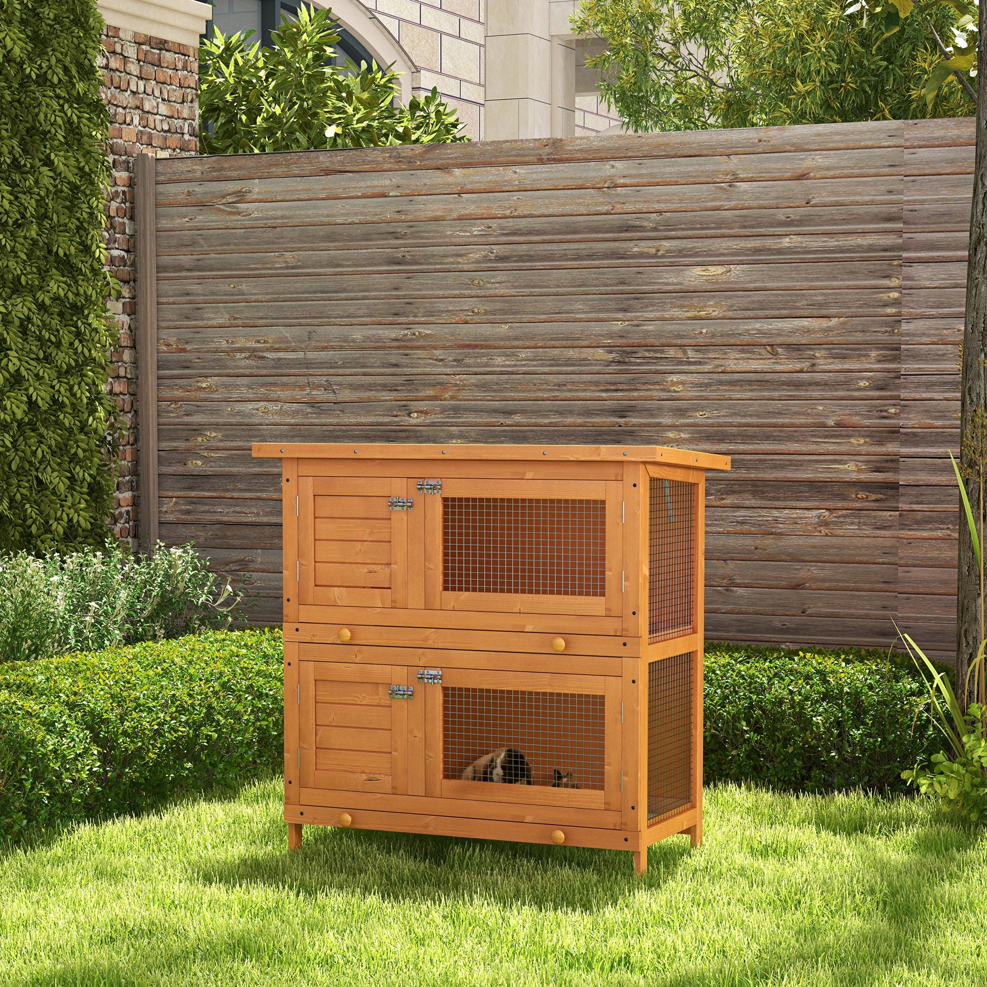 PawHut Rabbit Hutch Outdoor Guinea Pig Hutch Wooden Duck House Pet Cage with Opening Roof, 90 x 45 x 90cm 