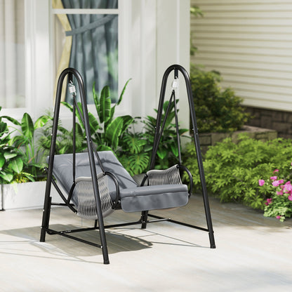 Outsunny Rattan Swing Chair, Outdoor Garden Hanging Swing Seat with Stand and Seat Cushion, Porch Hanging Chair for Balcony, Garden, Deck, Light Grey 