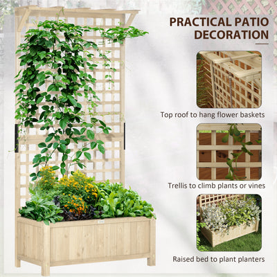 Outsunny Raised Bed with Drainage Holes, Wood Planter with Trellis for Climbing Plants to Grow Vegetables, Flowers, Natural 