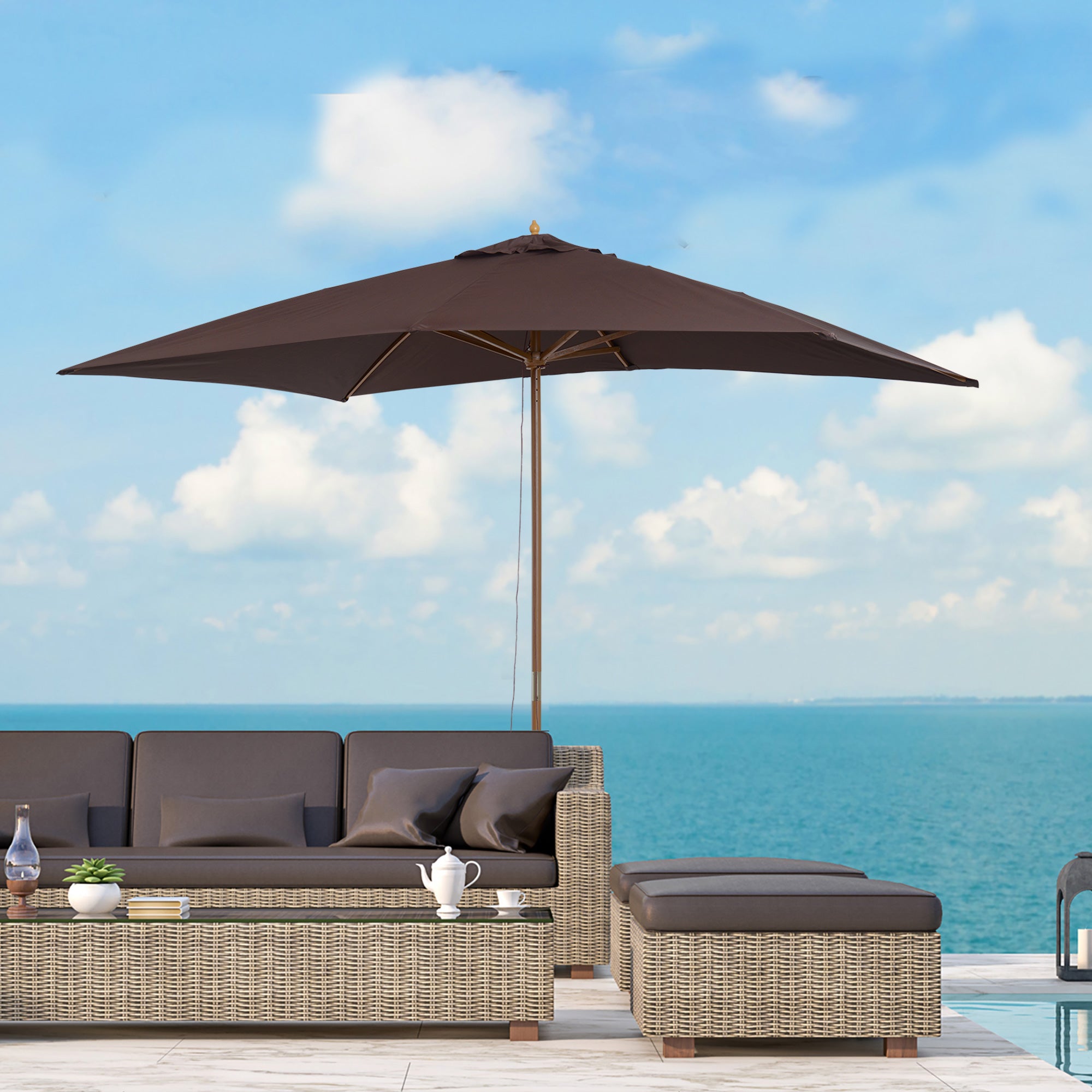 Outsunny 2 x 3m Wooden Garden Parasol Umbrella Outdoor Sun Shade Canopy, Dark Coffee 