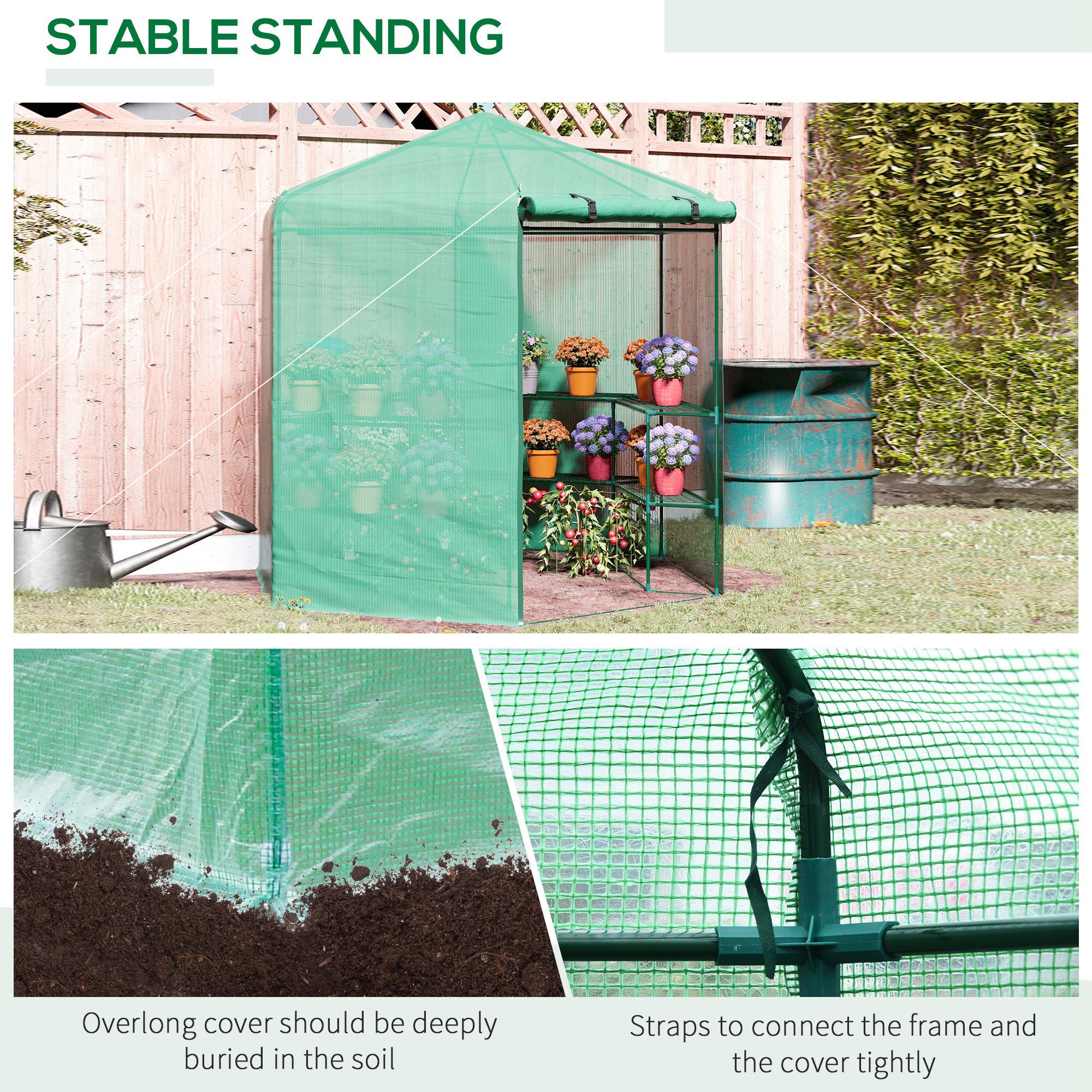 Outsunny Hexagon Walk In Greenhouse with Shelves, Outdoor Green House Grow House with Waterproof PE Cover and Roll-up Door, 228 x 196 x 215 cm, Green 