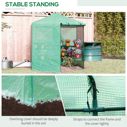 Outsunny Hexagon Walk In Greenhouse with Shelves, Outdoor Green House Grow House with Waterproof PE Cover and Roll-up Door, 228 x 196 x 215 cm, Green 