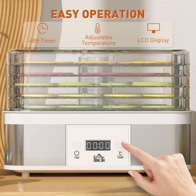 HOMCOM 5 Tier Food Dehydrator, 245W Stainless Steel Food Dryer Machine with Adjustable Temperature, Timer and LCD Display for Drying Fruit, Meat, Vegetable, Jerky and Pet Treat, White 