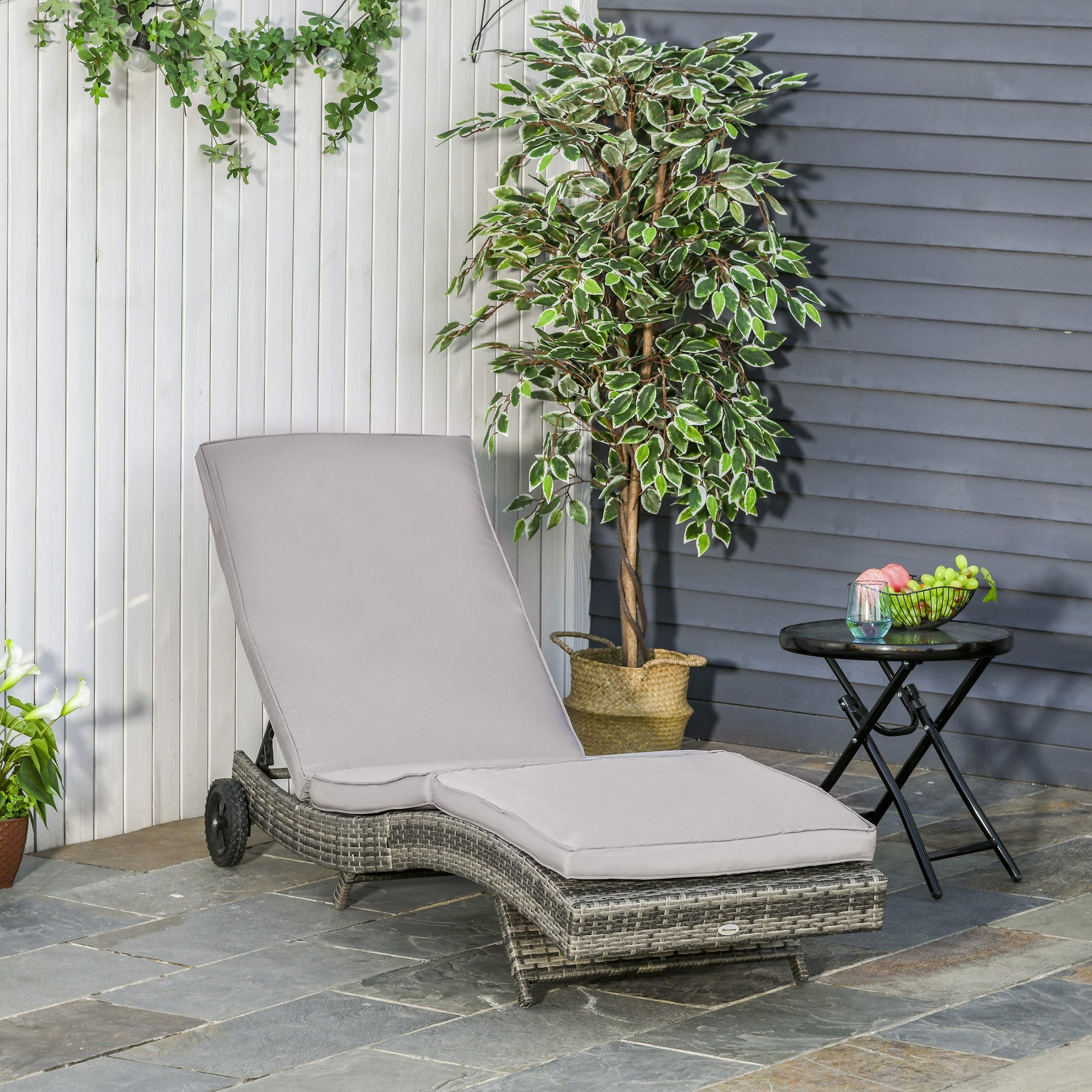 Outsunny Patio Wicker Chaise Lounge Chair, Outdoor PE Rattan Sun Lounger with Adjustable Backrest and 2 Wheels, Grey 