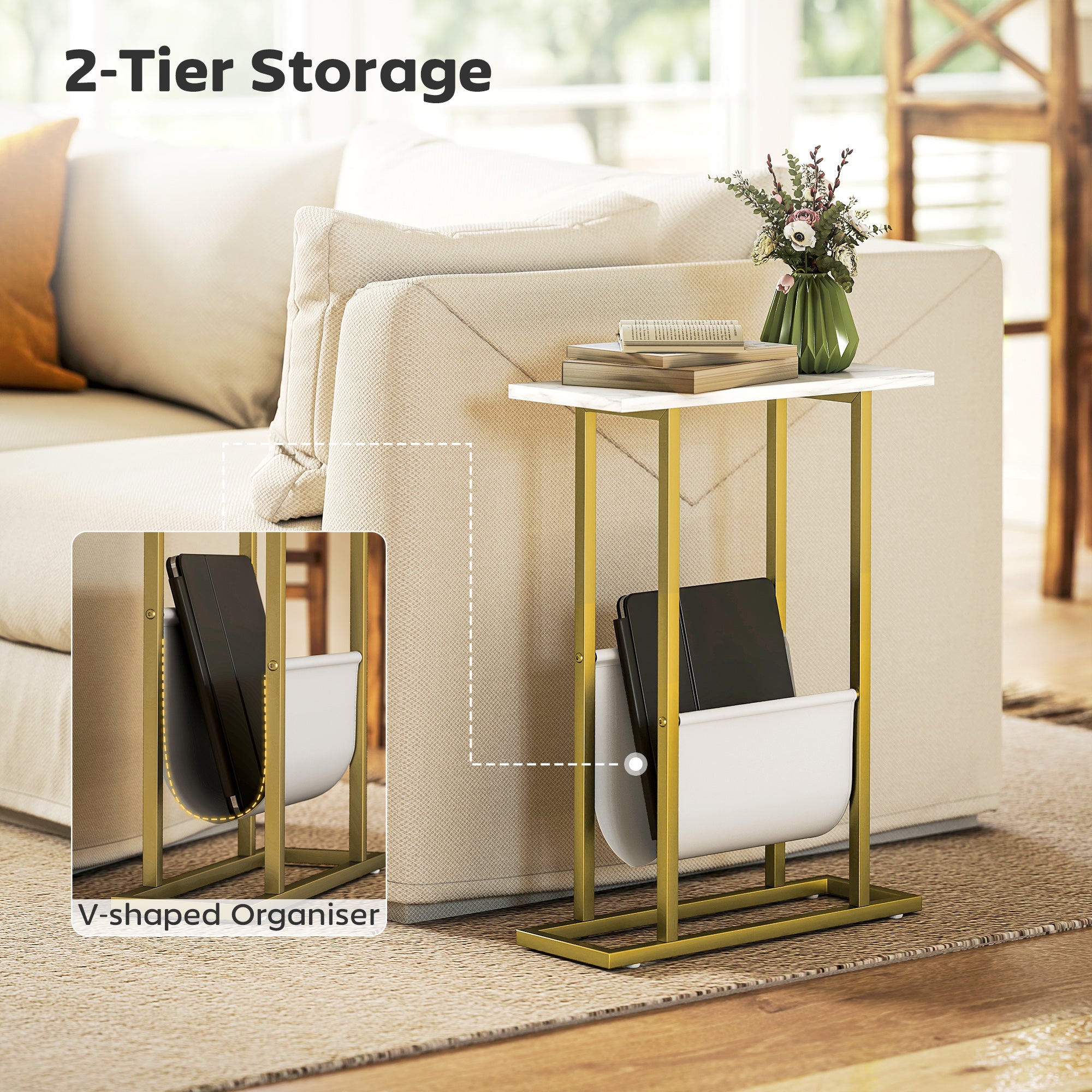 HOMCOM Narrow Side Table, End Table with Magazine Holder, Nightstand for Small Spaces, Living Room, Bedroom, White Marble Grain 