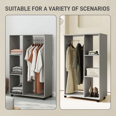 HOMCOM Open Wardrobe on Wheels with Clothes Rail, Bedroom Clothes Storage with Hanging Rod, 3 Storage Shelves, Mobile Garment Rack for Cloakroom, Hallway, Grey 
