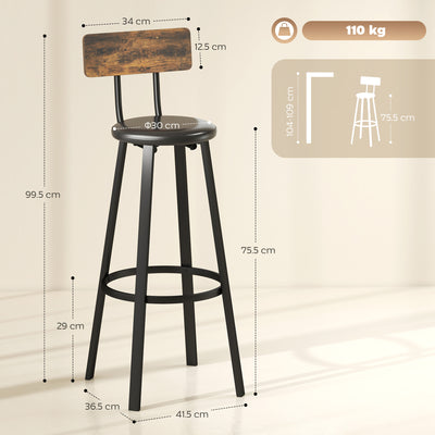 HOMCOM Set of Two Industrial-Style Bar Stools - Brown/Black 