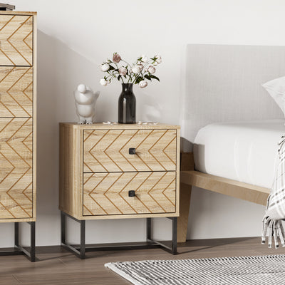 HOMCOM Bedside Table Nightstand Two-Drawer Bedroom Storage Unit Zig Zag Design with Black Metal Handles, Natural 