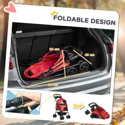 PawHut Dog Pram Dog Stroller Foldable Pet Pushchair with 4 Wheels, Safety Leashes, Cup Holder for Small Dogs, Red 