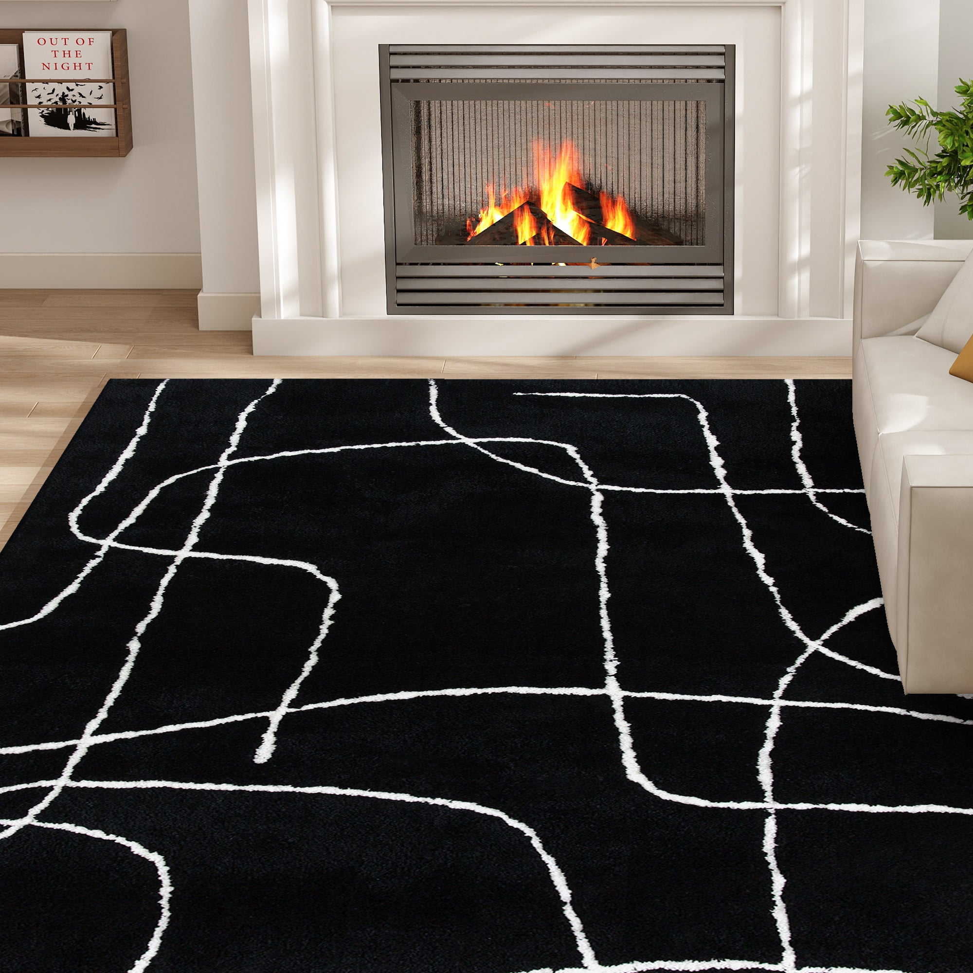 HOMCOM Modern Fluffy Area Rug, Geometric Pattern Washable Rug, Soft High Pile Floor Carpet for Living Room, Bedroom, Dining Room, Home Office, 170 x 120 cm, Black