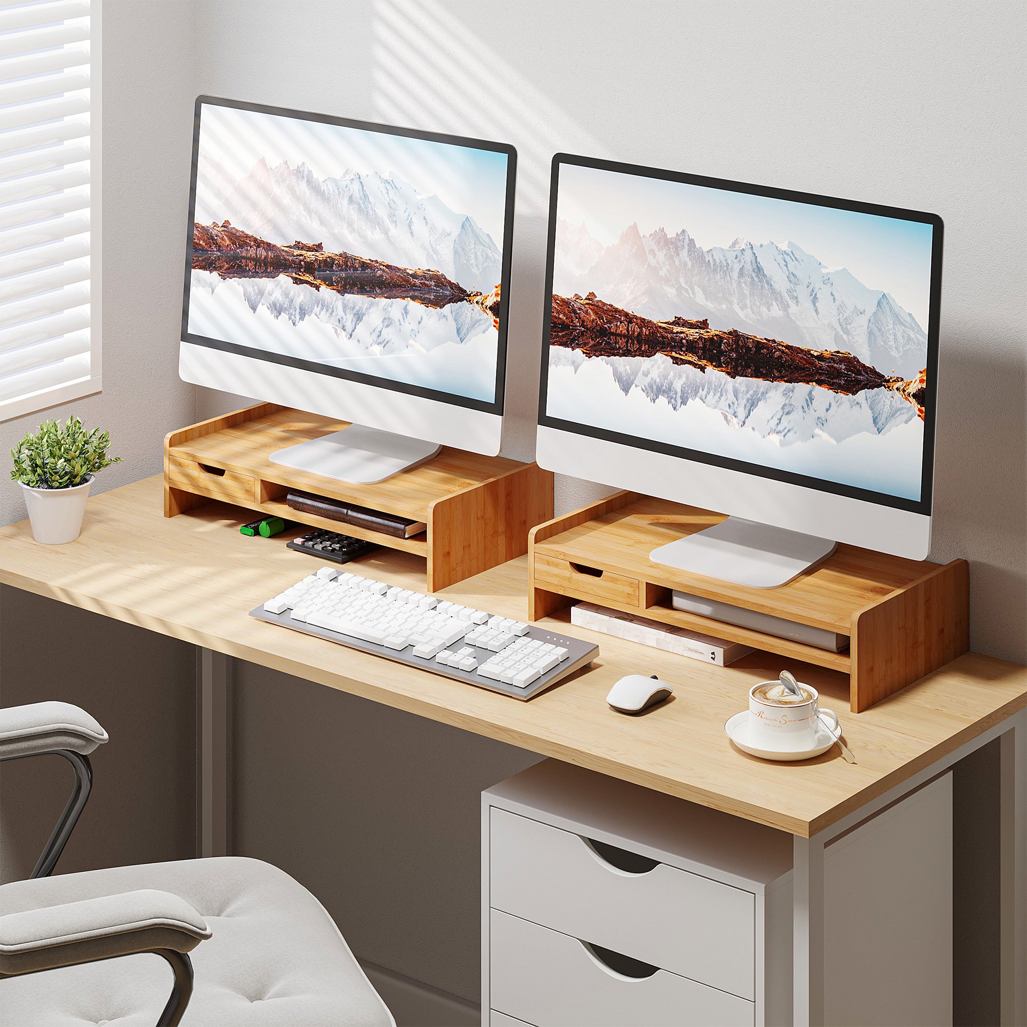 HOMCOM Monitor Riser Laptop PC Plinth Stand TV Computer Desktop Organiser W/ Drawer Bamboo 