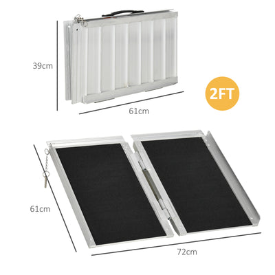 HOMCOM 2ft Aluminium Duo Wheelchair Ramp Pushchair Mobility Assistance Folding w/ Carry Handle Locking Chain Portable 61L x 72W cm 