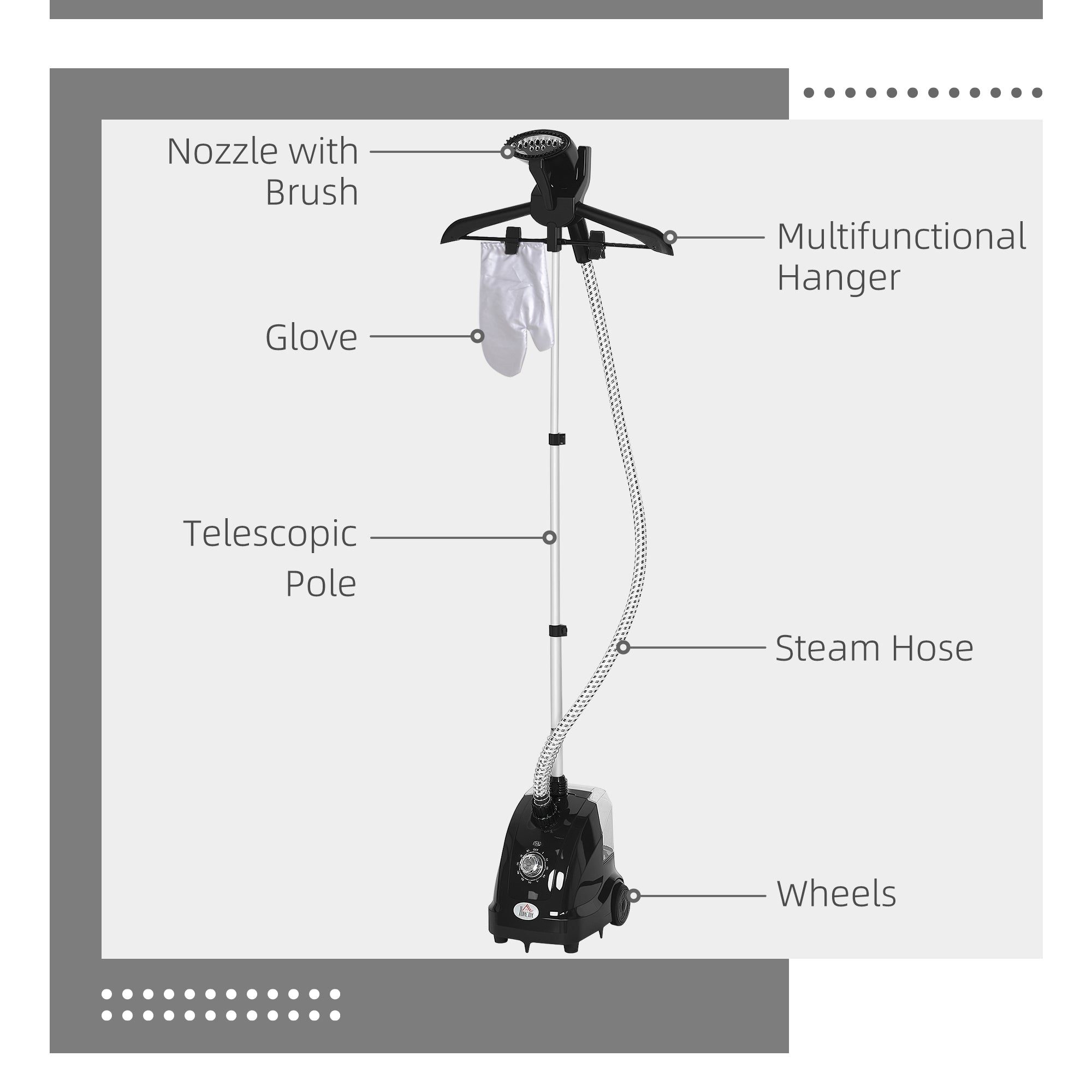 HOMCOM Clothes Steamer with Adjustable Pole Clothes Steamer 11 Steam Levels 41-110 cm Black 
