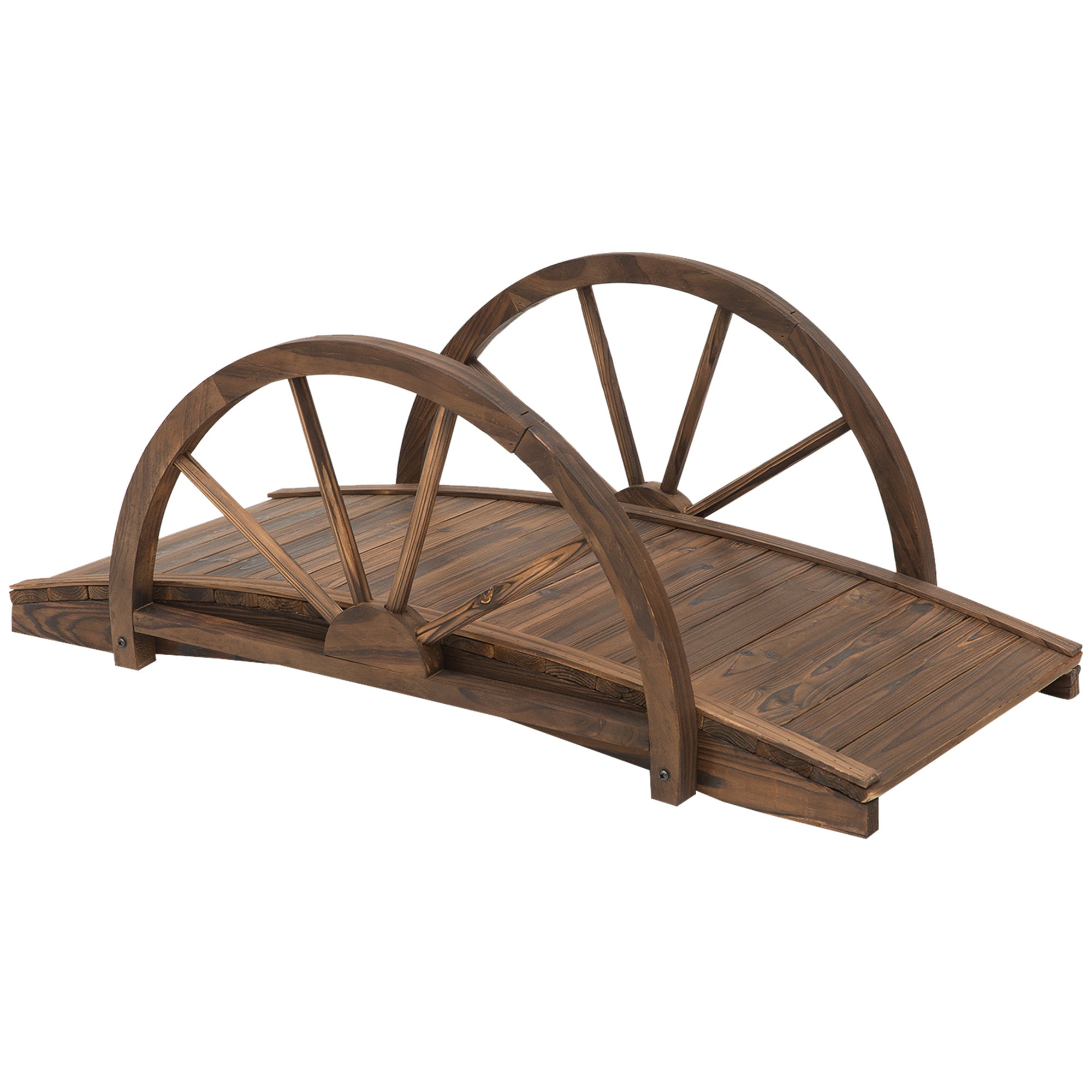 Outsunny Wooden Garden Bridge Lawn Décor Stained Finish Arc Outdoor Pond WalkwayYard Decoration Half Wheeled Railings 100L x 50W x 37Hcm 