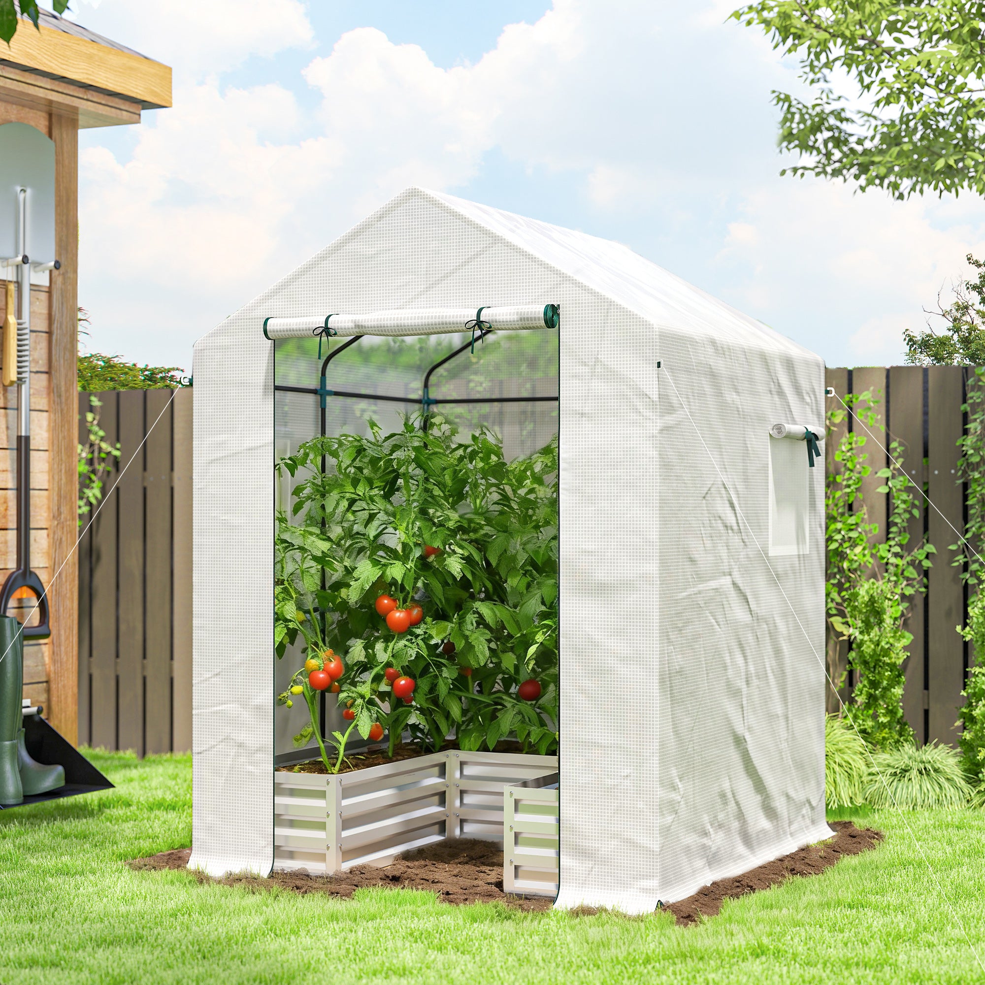 Outsunny Small Greenhouse with Raised Garden Bed, Galvanised Walk-in Greenhouse with Roll Up Windows, 141 x 141 x 190 cm, White 