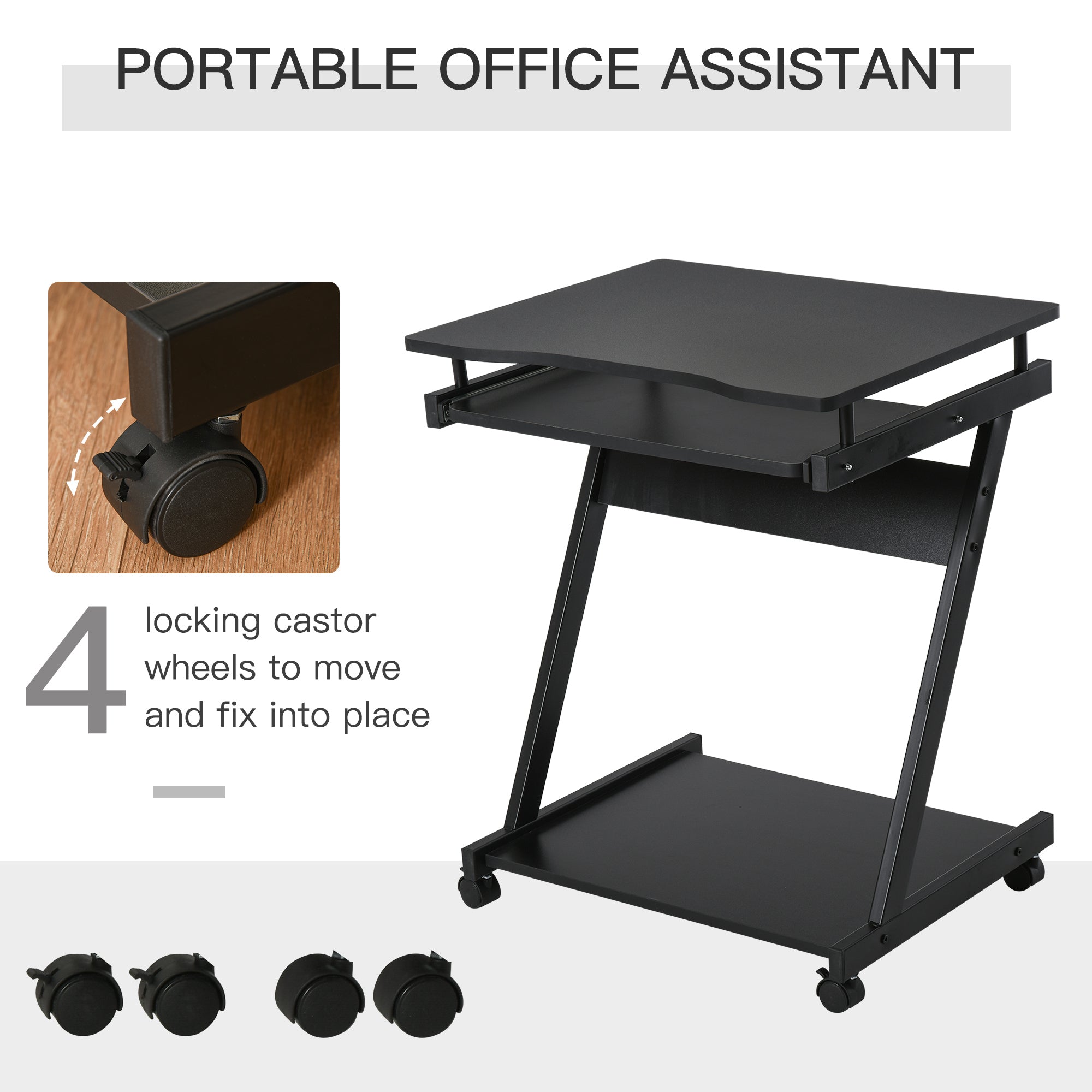 HOMCOM Movable Computer Desk with 4 Moving Wheels Sliding Keyboard Tray Home Office Workstation Black 