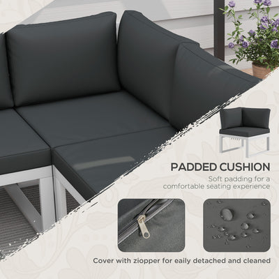 Outsunny 4 Pieces Patio Garden Set with 5-Level Recline Corner Sofa, Outdoor Garden Lounge Sectional Conversation Sofa Set with Cushions, Wood Grain Plastic Table, White  Frame Grey Cushion 