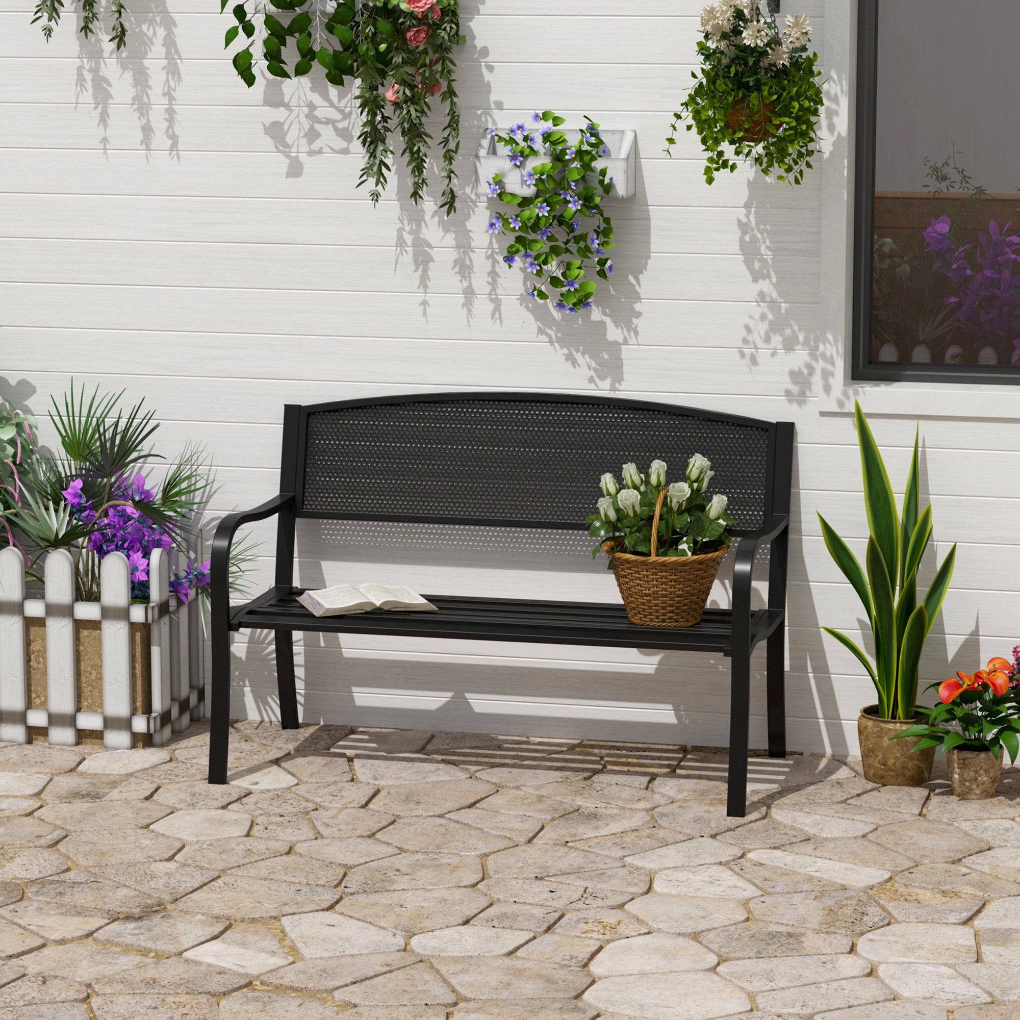 Outsunny Garden Bench Furniture Patio Park 2 Person Chair Seat Steel Black 120cm Outdoor 