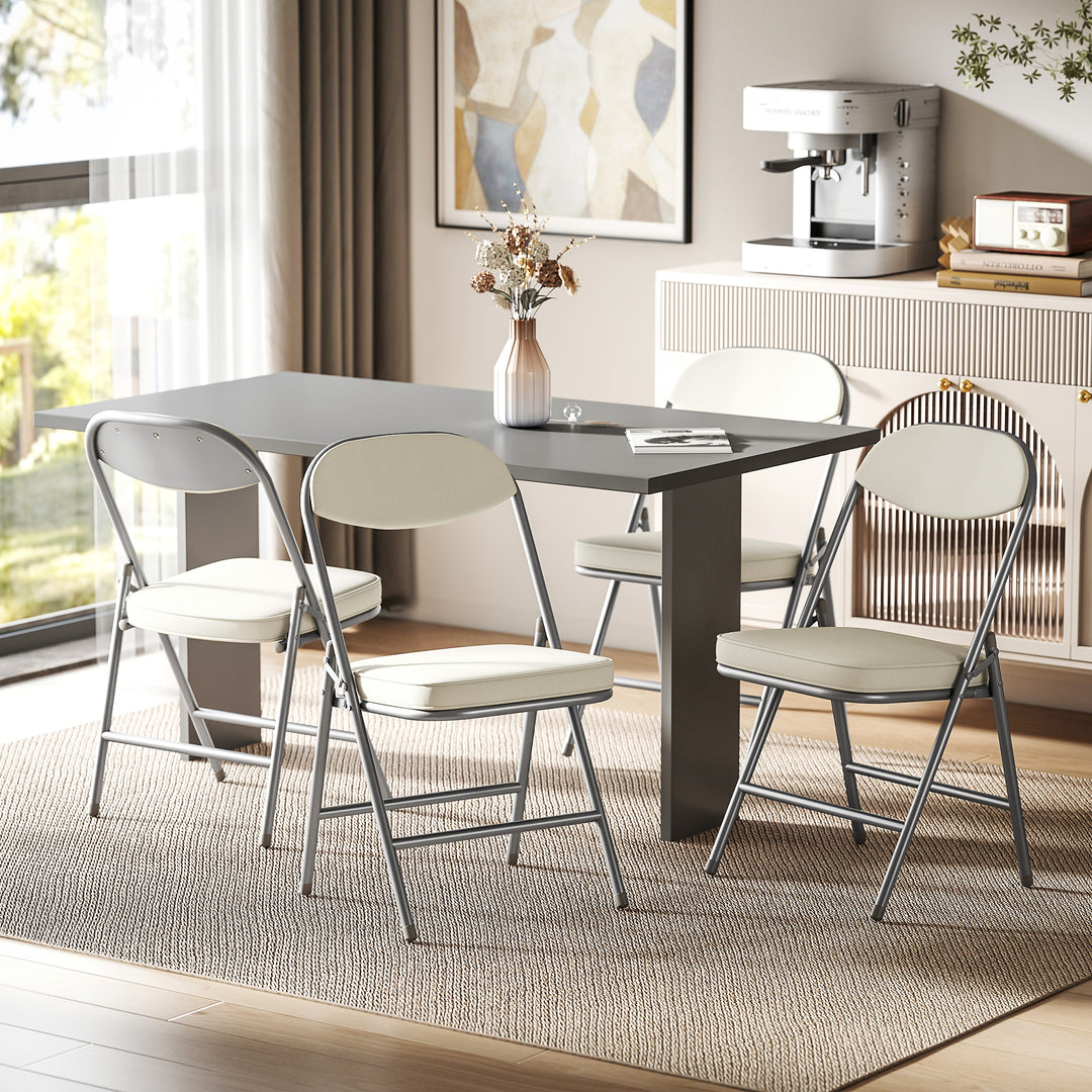 HOMCOM Set of Four Folding Corduroy Seat Chairs, Cream
