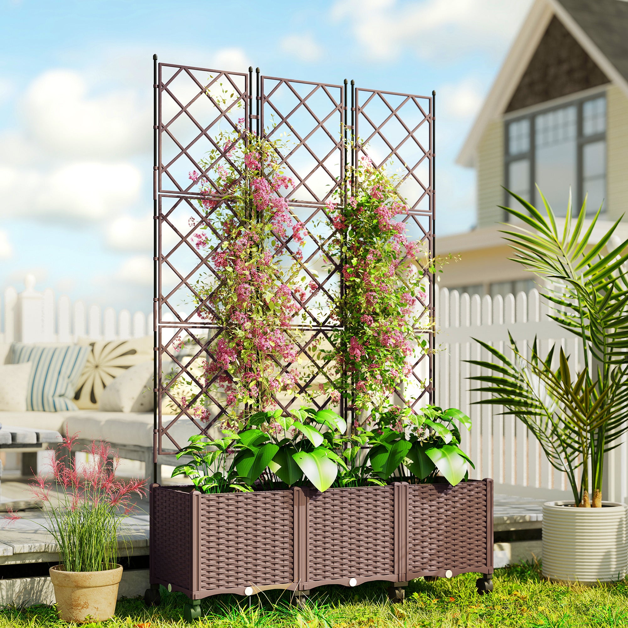 Outsunny Plastic Raised Planter with Trellis, Self Watering Raised Bed for Garden with Wheels, Drainage Holes and Plugs 