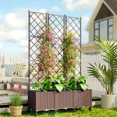 Outsunny Plastic Raised Planter with Trellis, Self Watering Raised Bed for Garden with Wheels, Drainage Holes and Plugs 