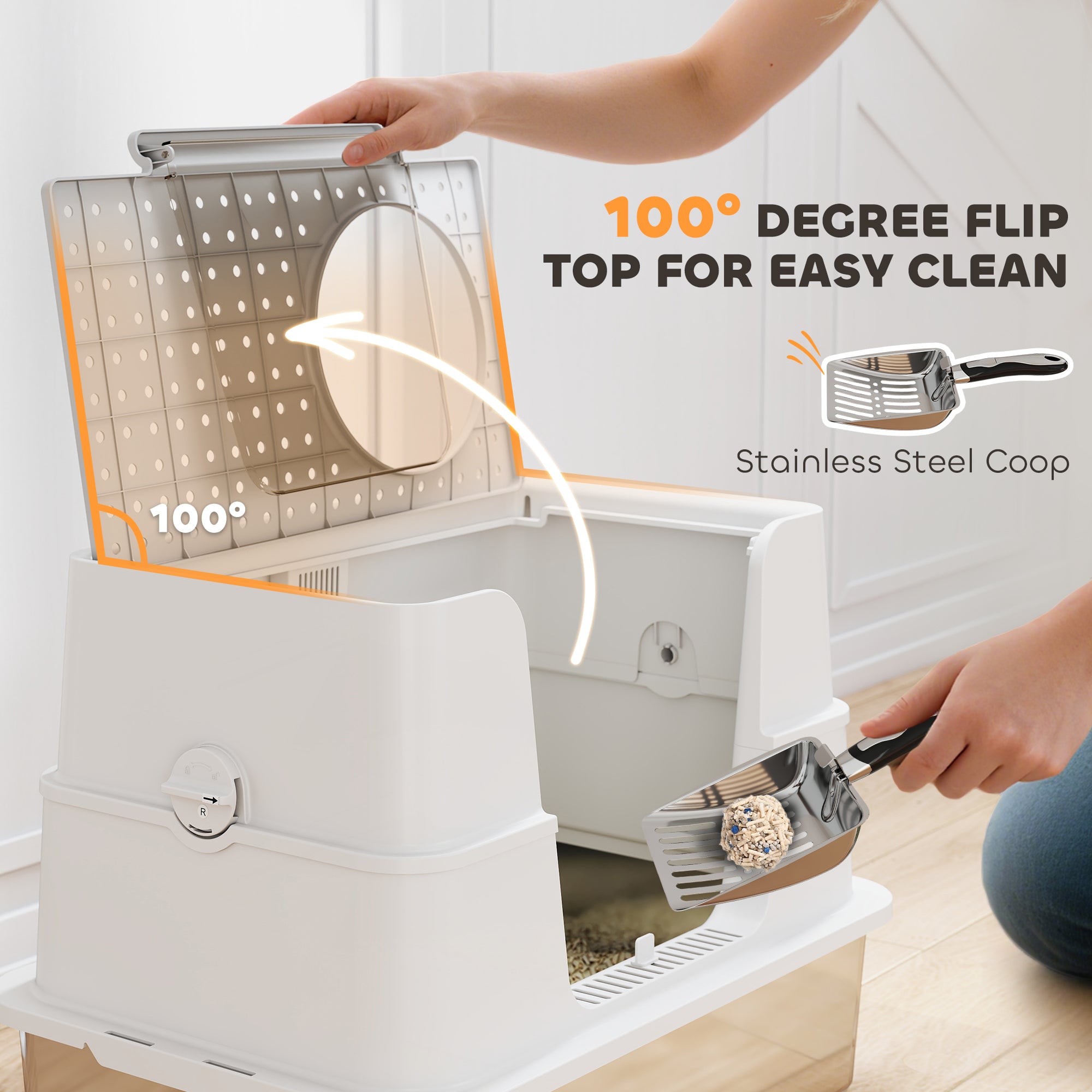 PawHut XL Stainless Steel Litter Box w/ 100° Flip Top, Scoop, Side Top Dual Entry, Odor Free, Easy Cleaning, Anti Leakage 