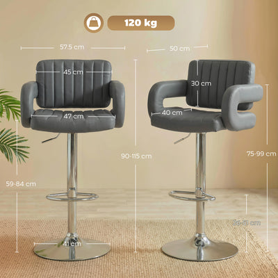 HOMCOM Bar Stools Adjustable Swivel Kitchen Chairs with Backrest Armrest Set of 2 PU Leather Grey 