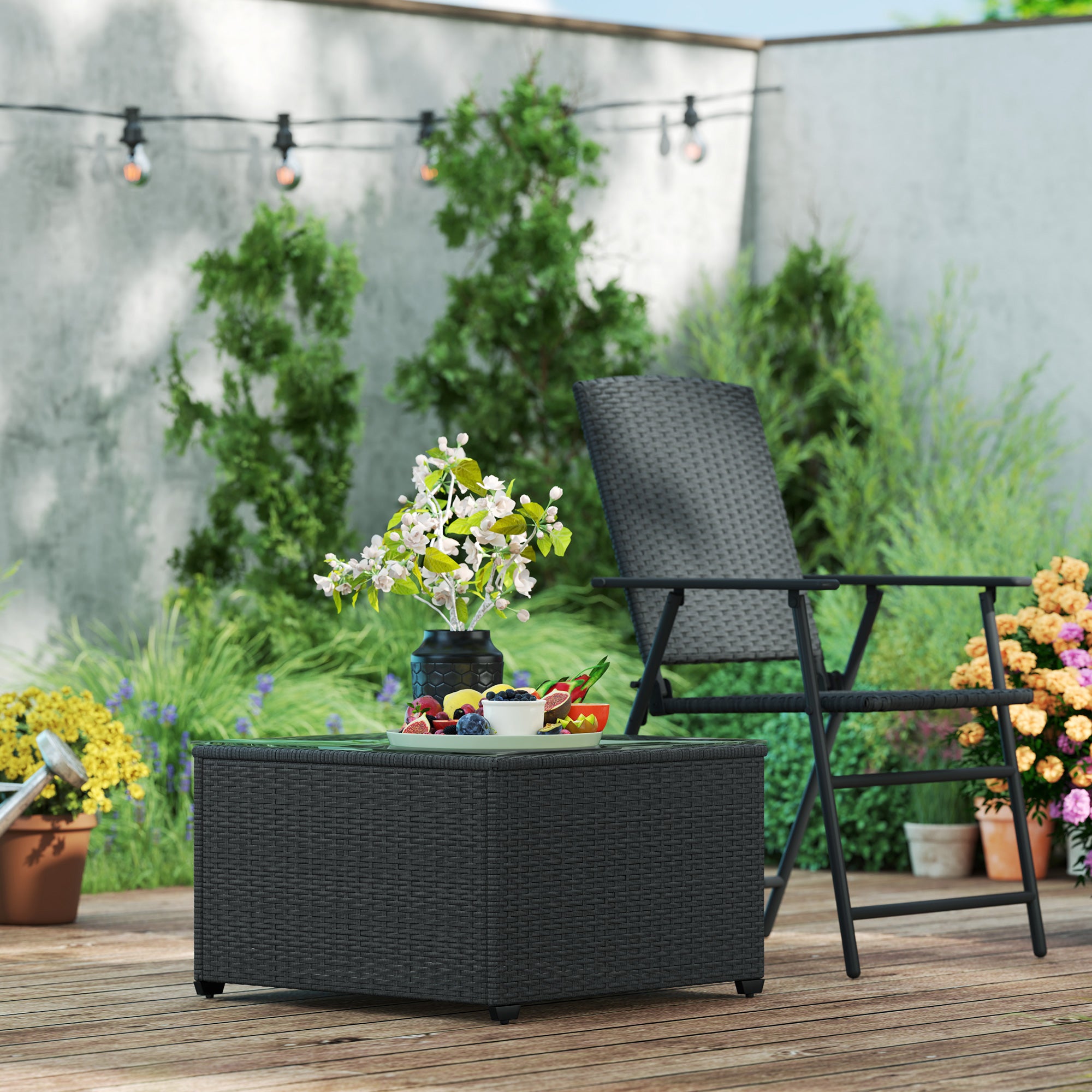 Outsunny 62 x 62cm Glass-Top Rattan Side Table - Black